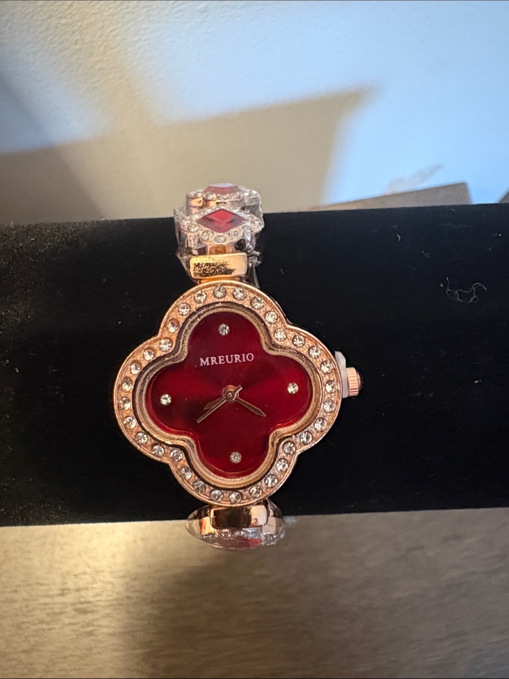 Red Clover Rhinestone Rose Gold-Tone Quartz Bracelet Watch